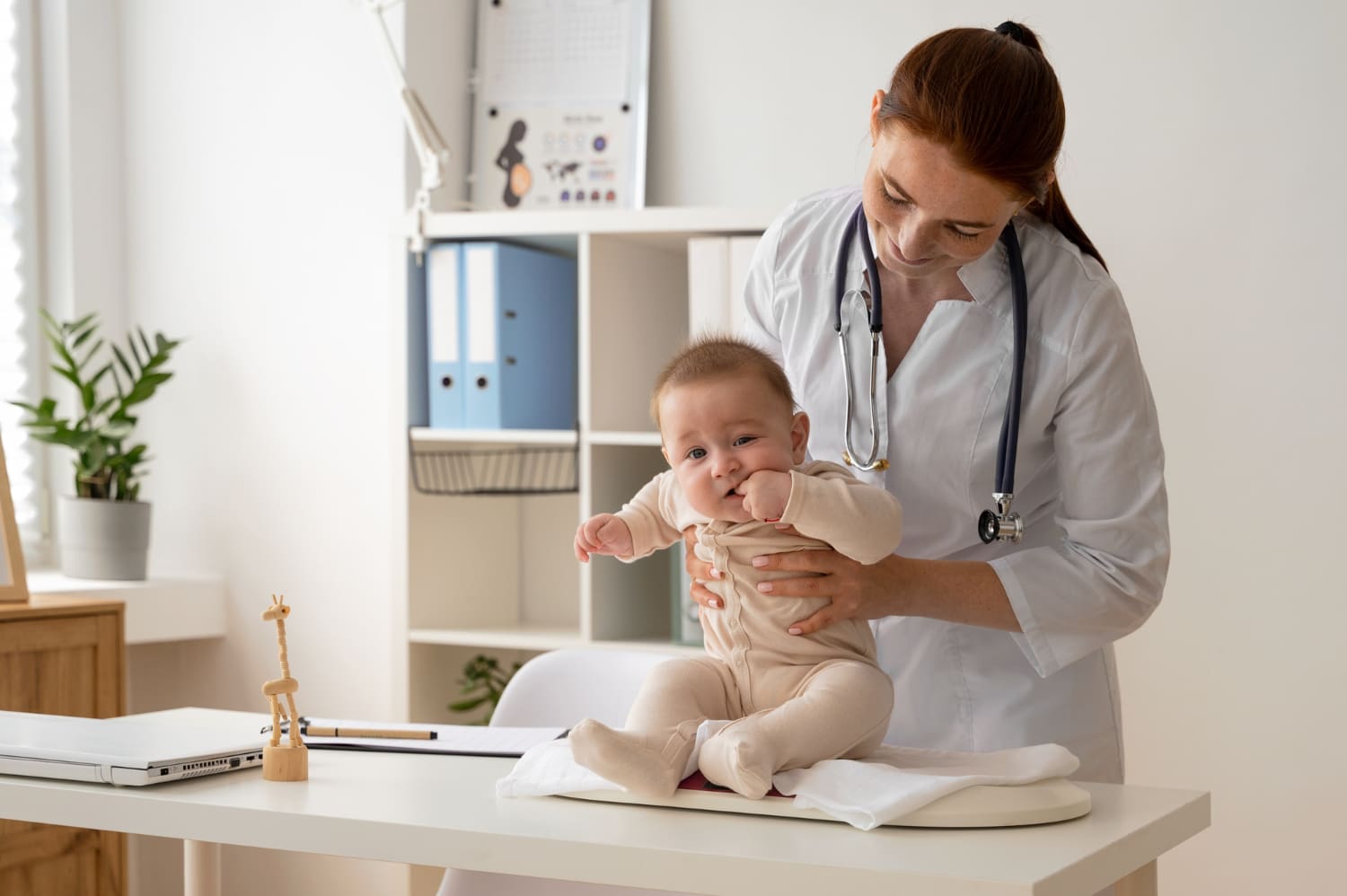 Médica de jaleco e estetoscópio apoiando um bebê sentado sobre a maca do consultório